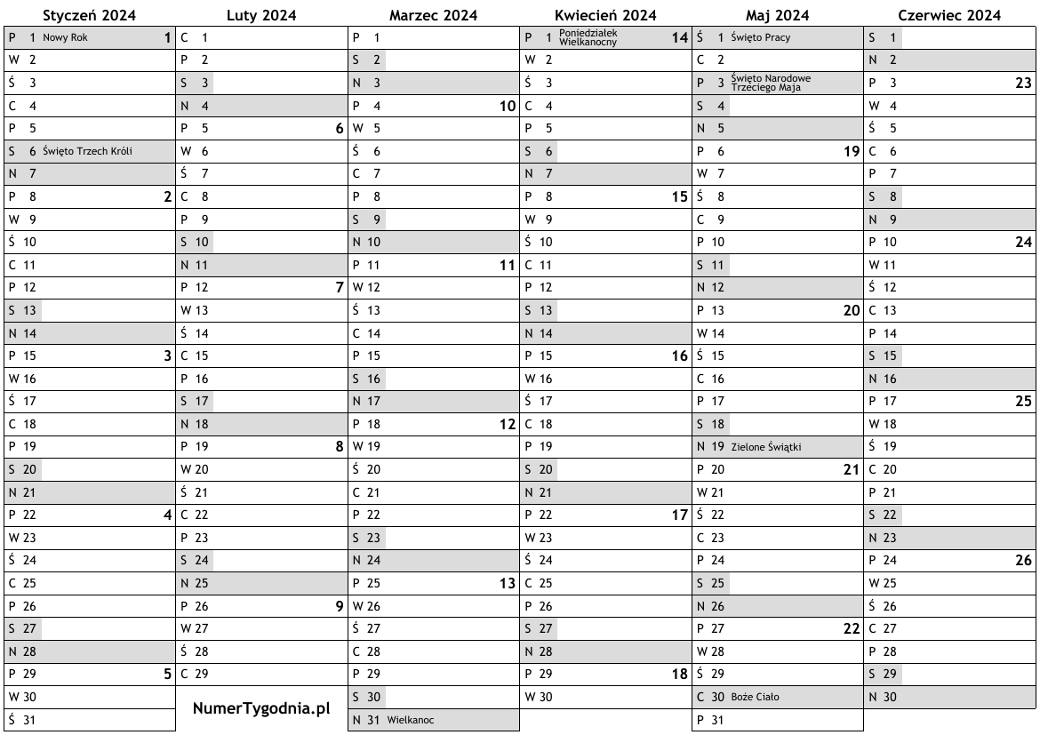 Kalendarz 2024 z numerami tygodni … darmowy kalendarz na rok do druku, PDF